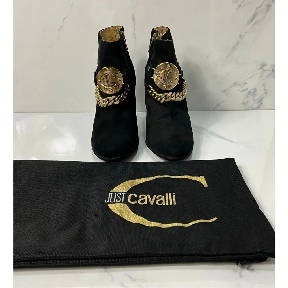 JUST CAVALLI Black Suede Ankle Boots With Gold Chain Embellishment